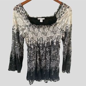 Y2k fairy grunge mesh lace floral black and white blouse